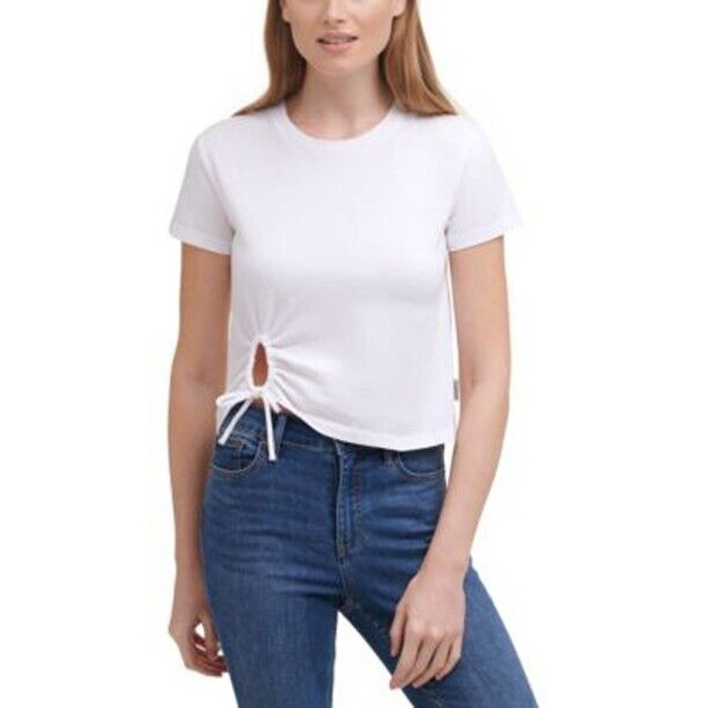 JR569 Calvin Klein Jeans White Tee Keyhole Tie Cropped T-Shirt Top Size S